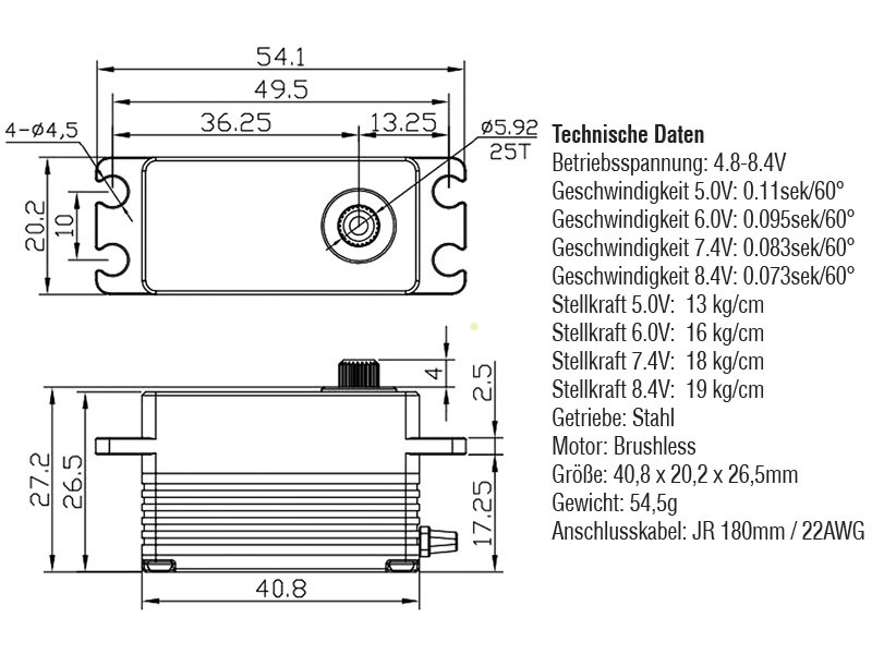 H-rýchlostné servo HSX101 19kg.cm 0,073s/60° 25T