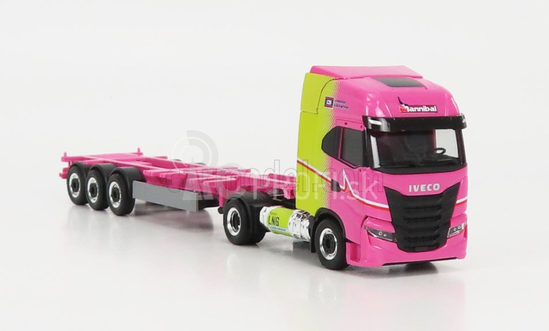 Herpa Iveco fiat S-way Truck Lng Hannibal Transports 2020 - Bez kontajnera Eucon 1:87 Ružovo žltá