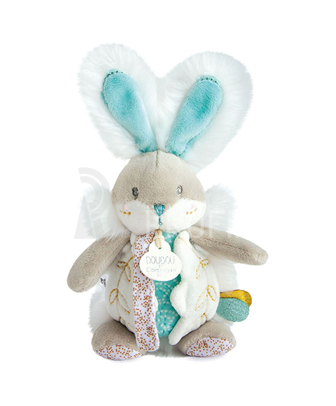 Hračka Doudou Bunny s hrkálkou a držiakom na cumlík 21 cm tyrkysová