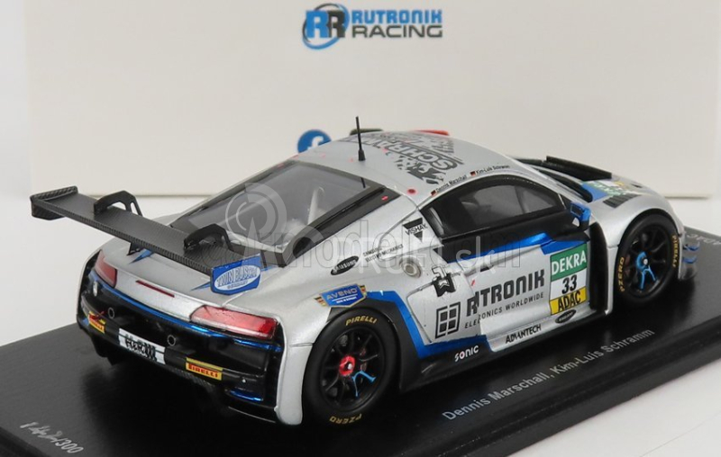 Iskrový model Audi R8 Lms Gt3 Team Tece Rutronik Racing N 33 Adac Gt Masters Oschersleben 2021 D.marschall - K.l.schramm 1:43 Silver Blue Fluo