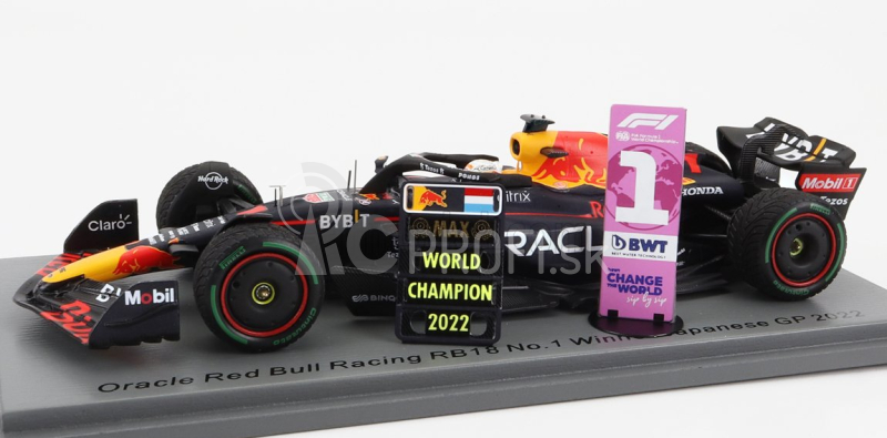 Iskrový model Red bull F1 Rb18 Team Oracle Red Bull Racing N 1 Winner Japan Gp With Pit Board World Champion 2022 Max Verstappen 1:43 Matná modrá žltá červená