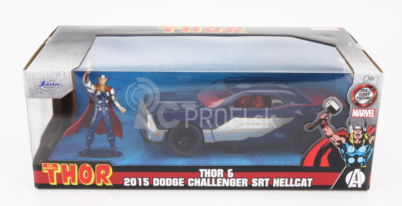 Jada Dodge Challenger Srt8 s figúrkou Thora 2015 1:24 modrá strieborná