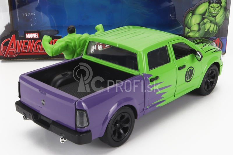 Jada Dodge Ram 1500 Pick-up s figúrkou Hulka Marvel Avengers 2014 1:24 zelená fialová