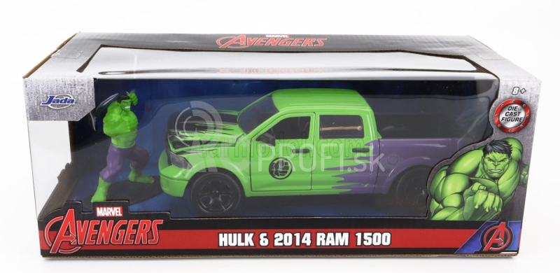 Jada Dodge Ram 1500 Pick-up s figúrkou Hulka Marvel Avengers 2014 1:24 zelená fialová