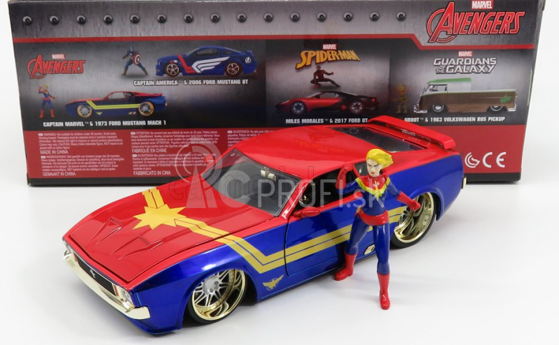 Jada Ford usa Mustang Mach I 1973 s postavičkou Captain Marvel 1:24 Červená modrá žltá