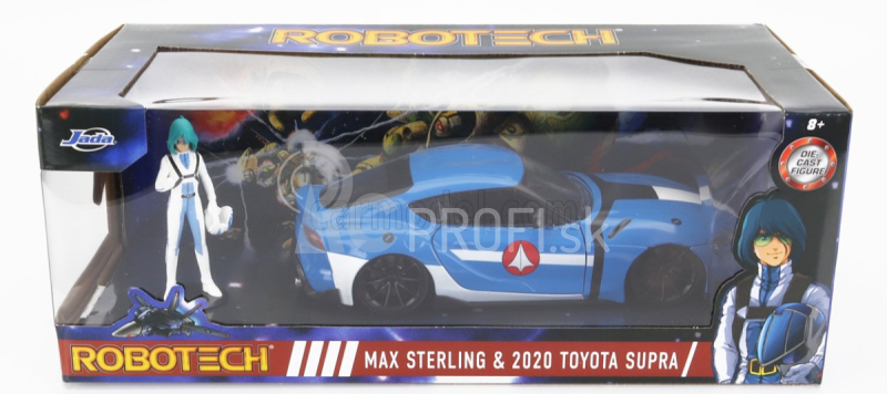 Jada Toyota Supra s figúrkou Maxa Sterlinga Robotech 2020 1:24 svetlo modrá biela