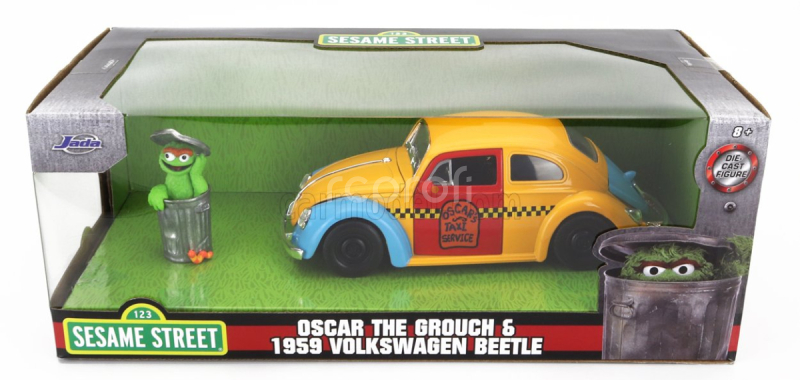 Jada Volkswagen Beetle Maggiolino s Oscarom Grounchom Sesame Street Figure 1959 1:24 Žltá červená modrá