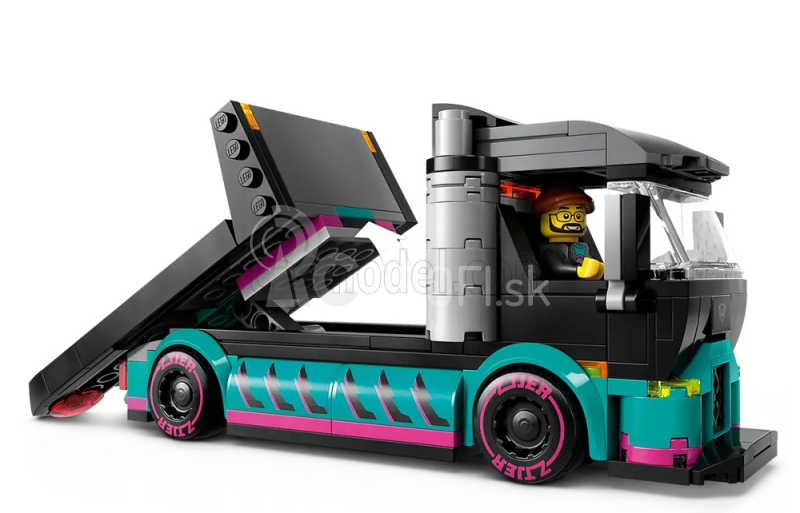 Lego Truck Lego City - Nákladné auto s rampou a pretekárskym autom - 328 Pezzi - 328 dielikov čierno-zelená