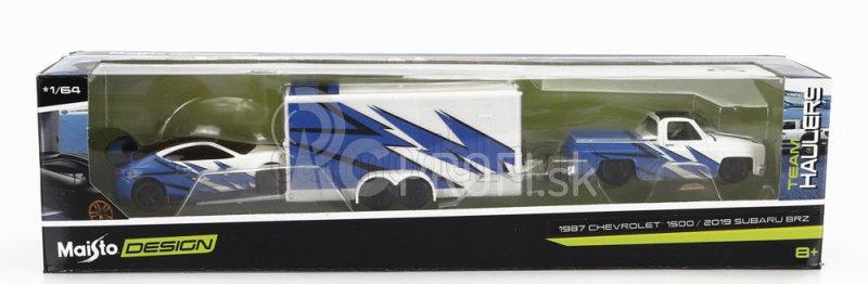 Maisto Chevrolet 1500 Pick-up With Trailer Car Transporter + Subaru Brx 2019 1:64 modro-biela