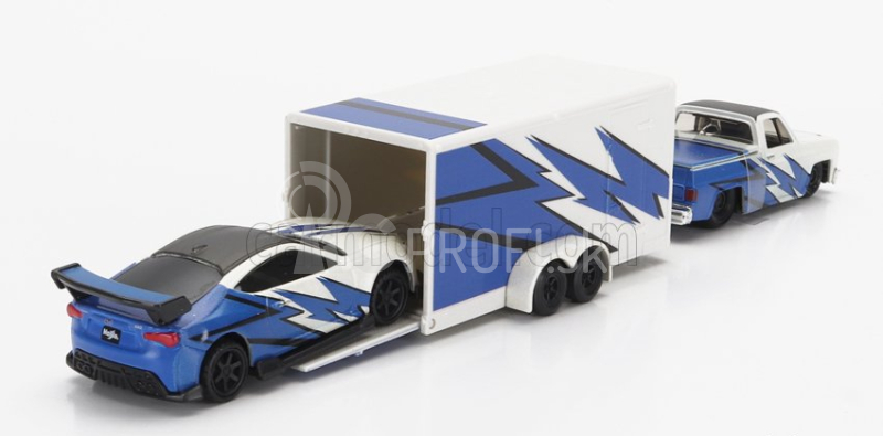 Maisto Chevrolet 1500 Pick-up With Trailer Car Transporter + Subaru Brx 2019 1:64 modro-biela