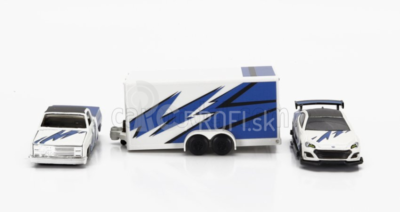 Maisto Chevrolet 1500 Pick-up With Trailer Car Transporter + Subaru Brx 2019 1:64 modro-biela