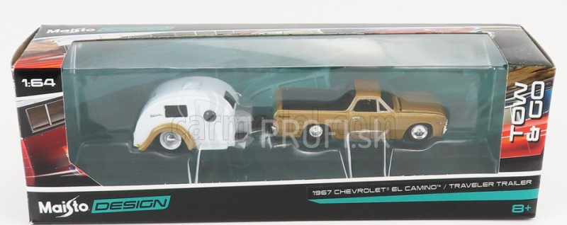 Maisto Chevrolet El Camino Pick-up With Trailer Roulotte 1967 1:64 zlato-biela