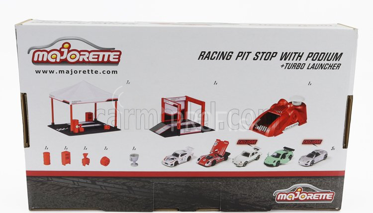 Majorette Porsche Set Area Service Canopy + Podio Podium + Lanciatore + 5x Porsche 1:64 Various