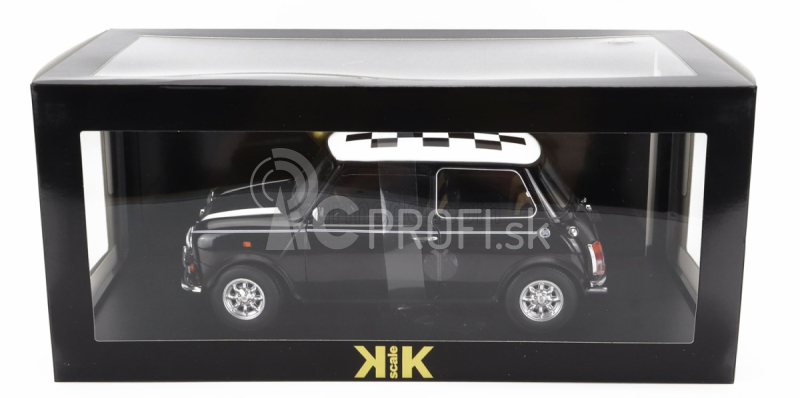 Mini Cooper Lhd 1992 so šachovnicovou vlajkou v mierke 1:12 čierna biela