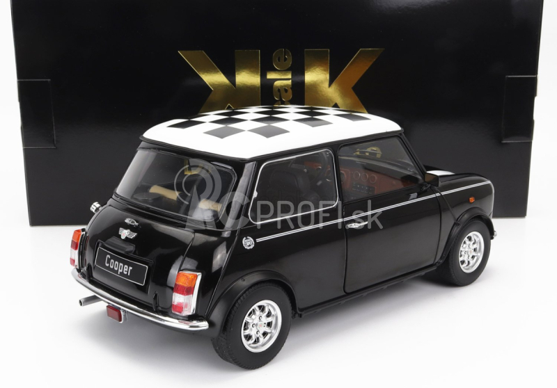 Mini Cooper Lhd 1992 so šachovnicovou vlajkou v mierke 1:12 čierna biela