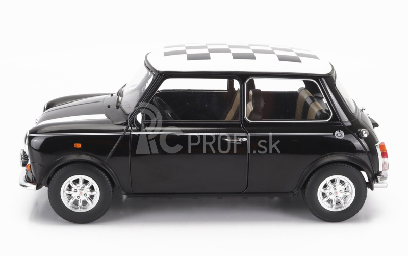 Mini Cooper Lhd 1992 so šachovnicovou vlajkou v mierke 1:12 čierna biela