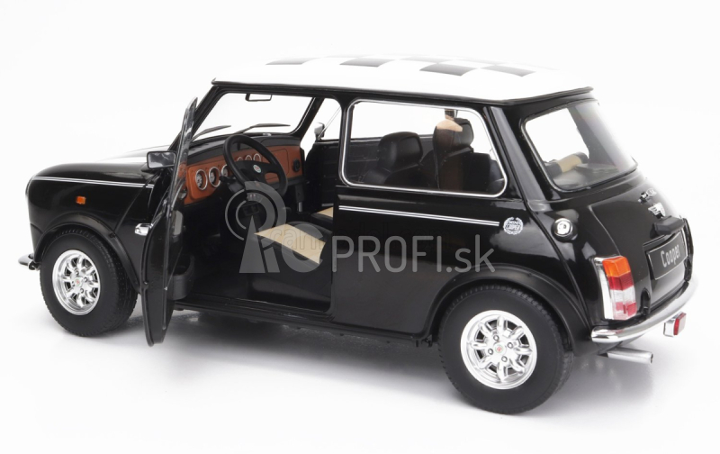 Mini Cooper Lhd 1992 so šachovnicovou vlajkou v mierke 1:12 čierna biela