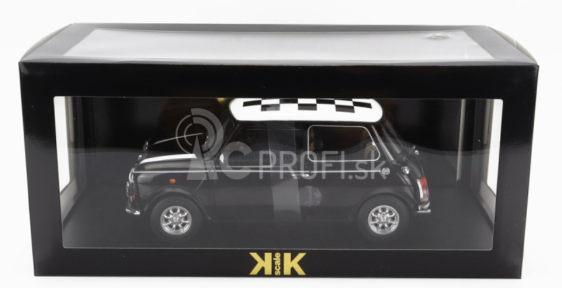 Mini Cooper Rhd 1992 so šachovnicovou vlajkou v mierke 1:12 čierna biela