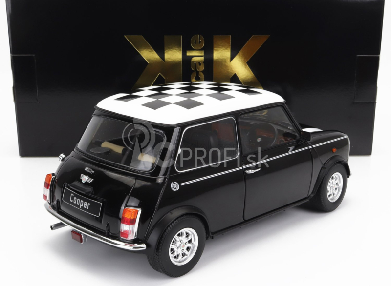 Mini Cooper Rhd 1992 so šachovnicovou vlajkou v mierke 1:12 čierna biela