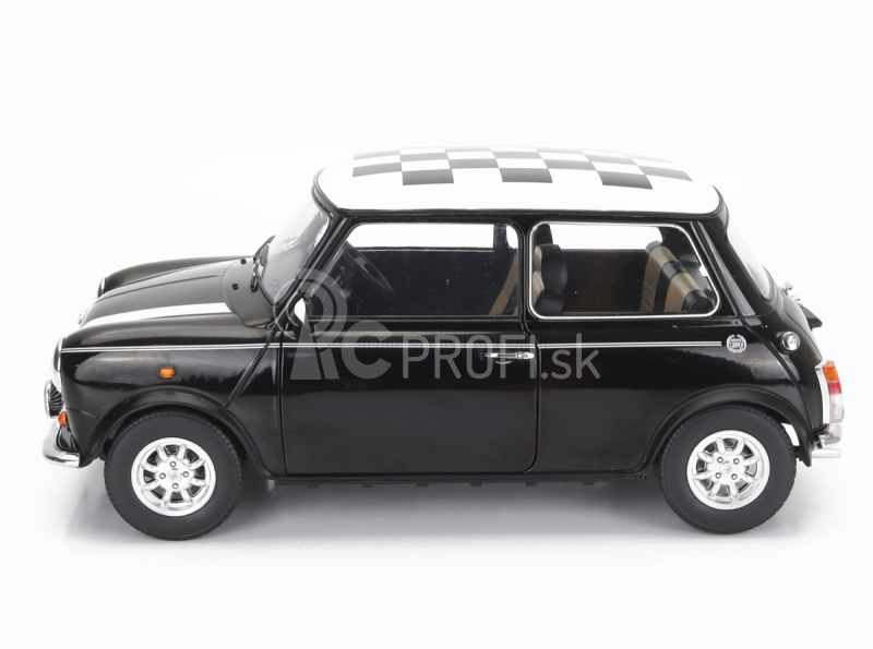 Mini Cooper Rhd 1992 so šachovnicovou vlajkou v mierke 1:12 čierna biela