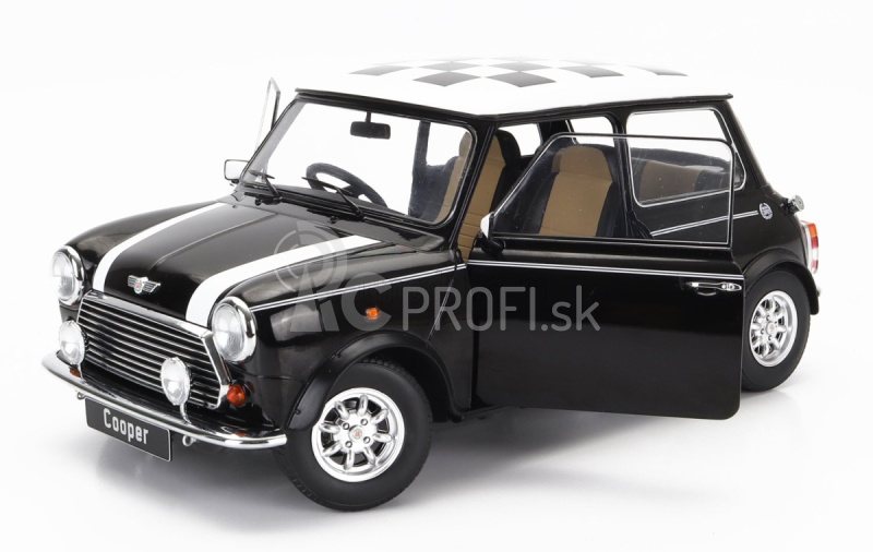 Mini Cooper Rhd 1992 so šachovnicovou vlajkou v mierke 1:12 čierna biela