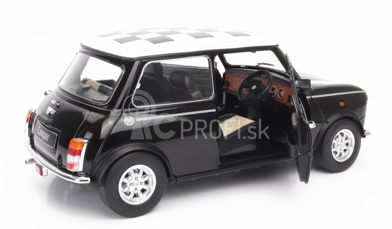 Mini Cooper Rhd 1992 so šachovnicovou vlajkou v mierke 1:12 čierna biela