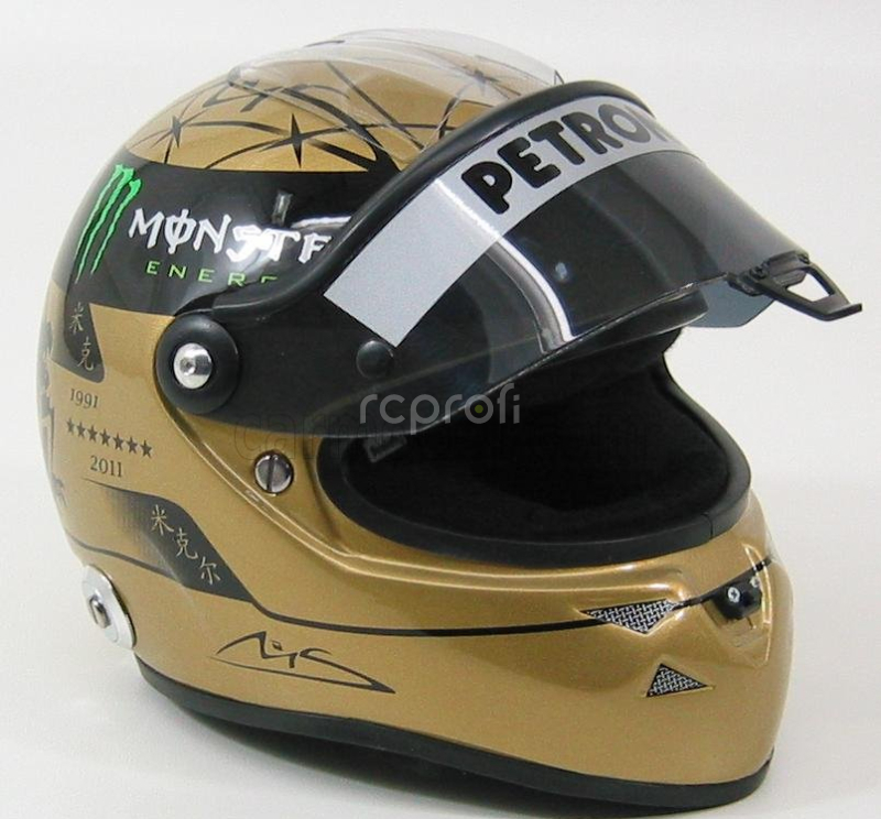 Mini prilba Schuberth F1 Mercedes Gp 20th Anniversary 1991-2011 Michael Schumacher 1:2 Gold Met Black