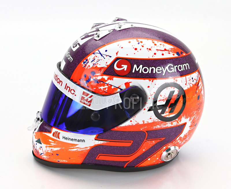 Mini prilba Schuberth prilba Casco Prilba F1 Nico Hulkenberg Team Moneygram Haas N 27 Sezóna 2023 1:2 Biela oranžová fialová