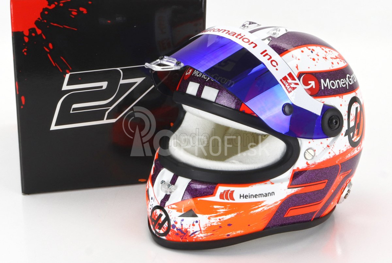 Mini prilba Schuberth prilba Casco Prilba F1 Nico Hulkenberg Team Moneygram Haas N 27 Sezóna 2023 1:2 Biela oranžová fialová