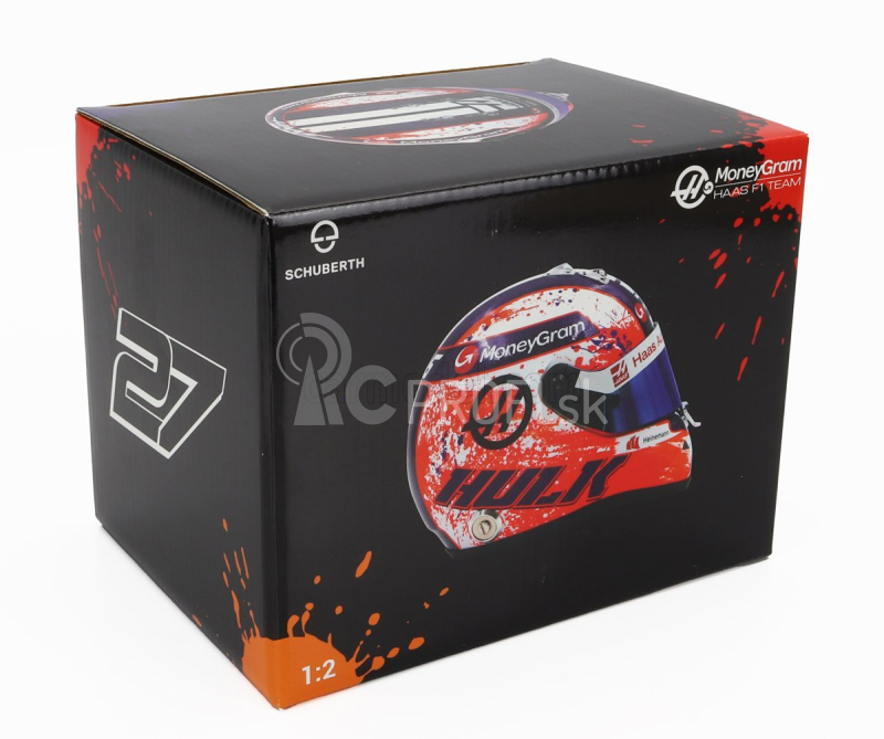 Mini prilba Schuberth prilba Casco Prilba F1 Nico Hulkenberg Team Moneygram Haas N 27 Sezóna 2023 1:2 Biela oranžová fialová