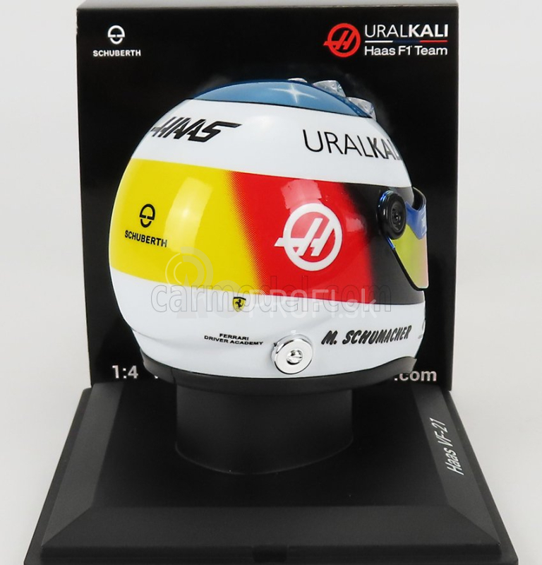 Mini prilba Schuberth prilba F1 Casco Prilba Team Haas Vf-21 Belgian Gp Spa 2021 Mick Schumacher 1:4 Biela modrá červená žltá