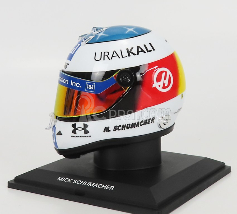 Mini prilba Schuberth prilba F1 Casco Prilba Team Haas Vf-21 Belgian Gp Spa 2021 Mick Schumacher 1:4 Biela modrá červená žltá