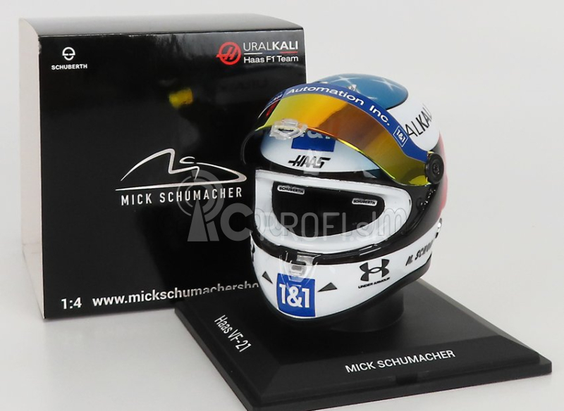 Mini prilba Schuberth prilba F1 Casco Prilba Team Haas Vf-21 Belgian Gp Spa 2021 Mick Schumacher 1:4 Biela modrá červená žltá