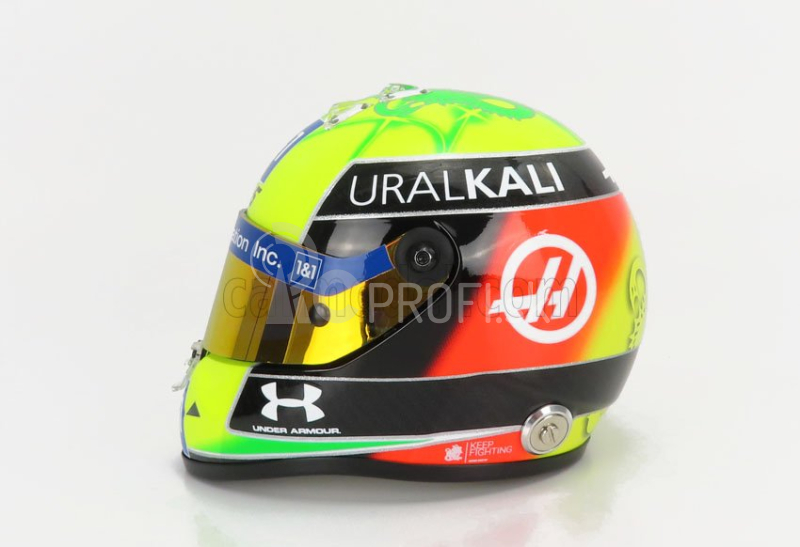 Mini prilba Schuberth prilba F1 Casco Prilba Vf-21 Team Uralkali N 47 Sezóna 2021 Mick Schumacher 1:2 Zelená červená čierna žltá