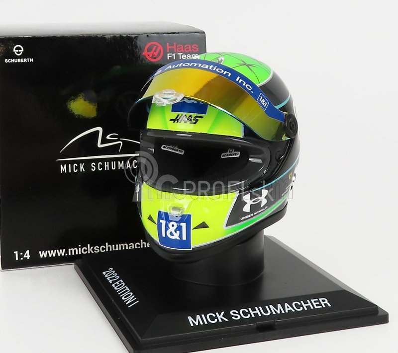 Mini prilba Schuberth prilba F1 Casco Prilba Vf-22 Team Haas N 47 Sezóna 2022 Mick Schumacher 1:4 Zelená čierna žltá