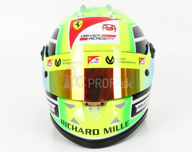 Mini prilba Schuberth prilba F2 Casco Prilba Dallara Team Prema Racing N 20 Sezóna Mick Schumacher 2020 Majster sveta F2 1:2 Žltá zelená červená čierna