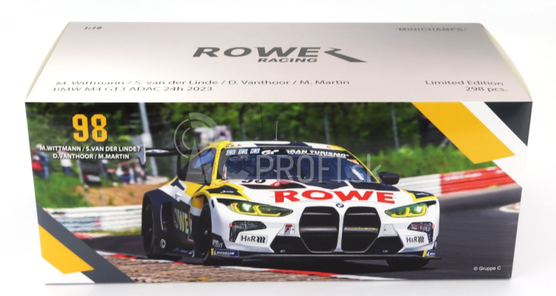 Minichamps BMW radu 4 M4 Gt3 Team Rowe Racing N 98 2. 24h Nurburgring 2023 Marco Wittmann - Sheldon Van Der Linde - Dries Vanthoor - Maxime Martin 1:18 Bielo-šedo žltá