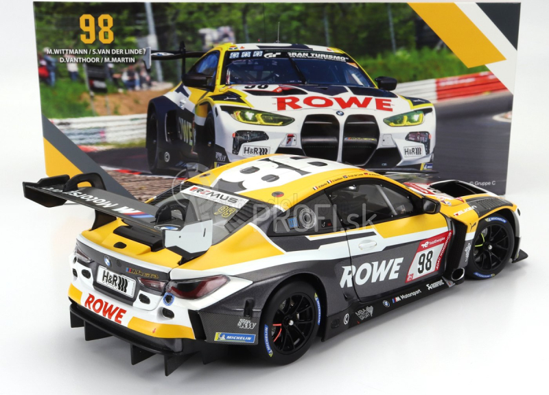 Minichamps BMW radu 4 M4 Gt3 Team Rowe Racing N 98 2. 24h Nurburgring 2023 Marco Wittmann - Sheldon Van Der Linde - Dries Vanthoor - Maxime Martin 1:18 Bielo-šedo žltá