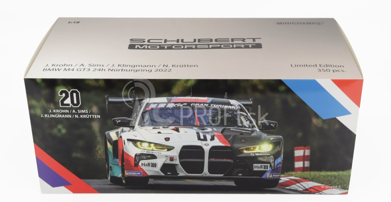 Minichamps BMW radu 4 M4 Gt3 Team Schubert Motorsport N 20 24h Nurburgring 2022 Jesse Krohn - Alexander Sims - Jens Klingmann - Niklas Krutten 1:18 Biela čierna červená modrá