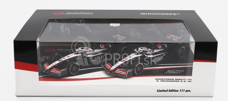 Minichamps Haas F1 Set 2x Fw23 Team Moneygram Haas N 20 Sezóna 2023 Kevin Magnussen + N 27 Sezóna 2023 Nico Hulkenberg 1:43 Biela čierna červená