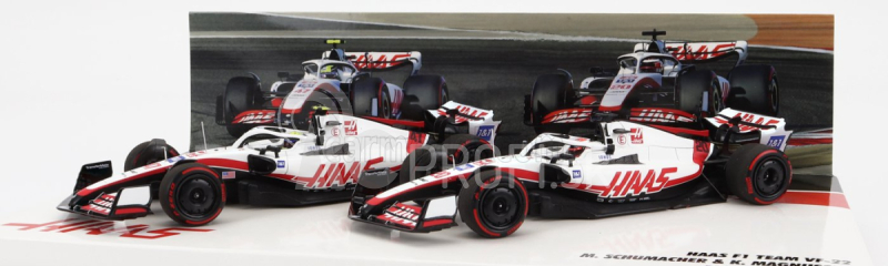 Minichamps Haas F1 Set 2x Vf-22 Ferrari Team Haas N 20 5th Bahrain GP 2022 Kevin Magnussen + N 47 Bahrain GP 2022 Mick Schumacher 1:43 Biela čierna červená