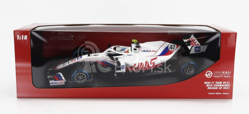 Minichamps Haas F1 Vf-21 Ferrari 065/6 Team Uralkali N 47 Belgium Gp 2021 Mick Schumacher 1:18 Biela Modrá Červená