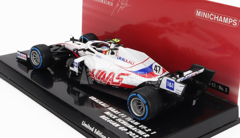 Minichamps Haas F1 Vf-21 Ferrari 065/6 Team Uralkali N 47 Belgium Gp 2021 Mick Schumacher 1:43 Biela Modrá Červená