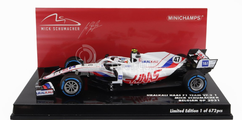 Minichamps Haas F1 Vf-21 Ferrari 065/6 Team Uralkali N 47 Belgium Gp 2021 Mick Schumacher 1:43 Biela Modrá Červená