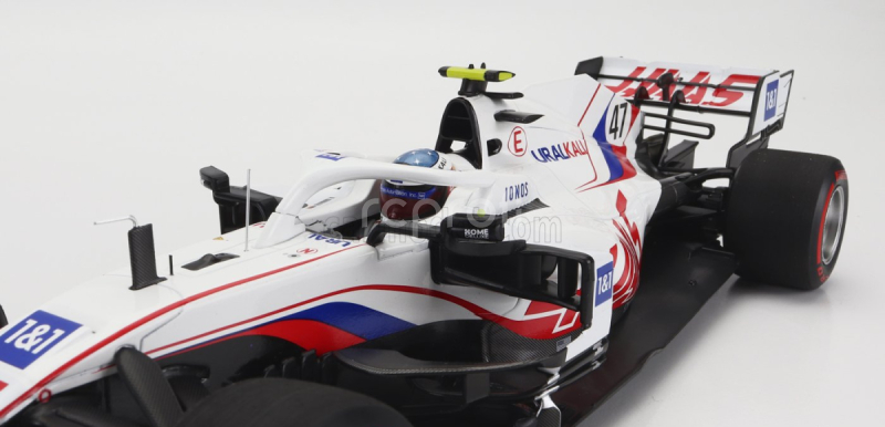 Minichamps Haas F1 Vf-21 Ferrari 065/6 Team Uralkali N 47 Belgium Gp 2021 Mick Schumacher s retro prilbou Michaela Schumachera 1:18 biela modrá červená