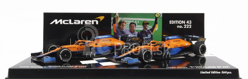 Minichamps Mclaren F1 Set 2x Coffret Mcl35l Mercedes M12 Eq Power+ Team Mclaren N 3 Winner Italy Gp 2021 Daniel Ricciardo + N 4 2nd Italy Gp 2021 Lando Norris 1:43 Orange Light Blue