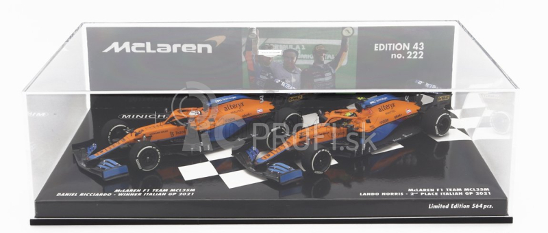 Minichamps Mclaren F1 Set 2x Coffret Mcl35l Mercedes M12 Eq Power+ Team Mclaren N 3 Winner Italy Gp 2021 Daniel Ricciardo + N 4 2nd Italy Gp 2021 Lando Norris 1:43 Orange Light Blue