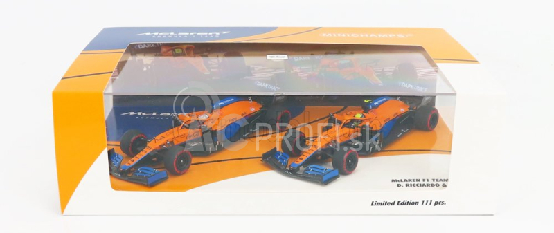 Minichamps Mclaren F1 Set 2x Mcl35l Mercedes M12 Eq Power+ Team Mclaren N 3 Sezóna 2021 Daniel Ricciardo + N 4 Sezóna 2021 Lando Norris 1:43 Oranžová svetlo modrá