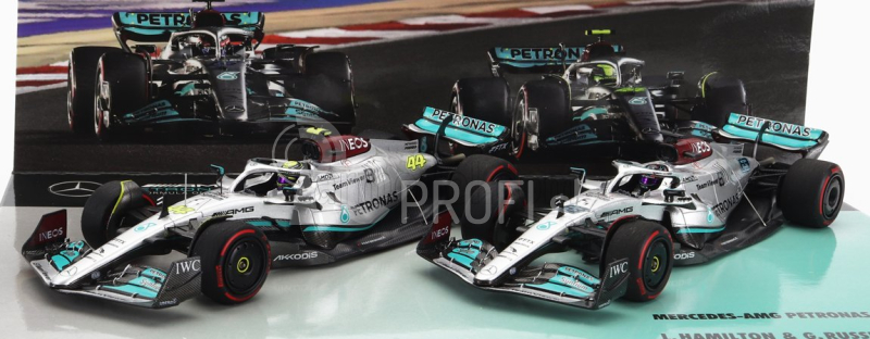 Minichamps Mercedes gp F1 Set 2x W13e Team Mercedes-amg Petronas F1 N 44 3. GP Bahrajnu 2022 Lewis Hamilton + N 63 4. GP Bahrajnu 2022 George Russel 1:43 Silver Green