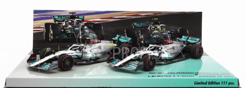 Minichamps Mercedes gp F1 Set 2x W13e Team Mercedes-amg Petronas F1 N 44 3. GP Bahrajnu 2022 Lewis Hamilton + N 63 4. GP Bahrajnu 2022 George Russel 1:43 Silver Green